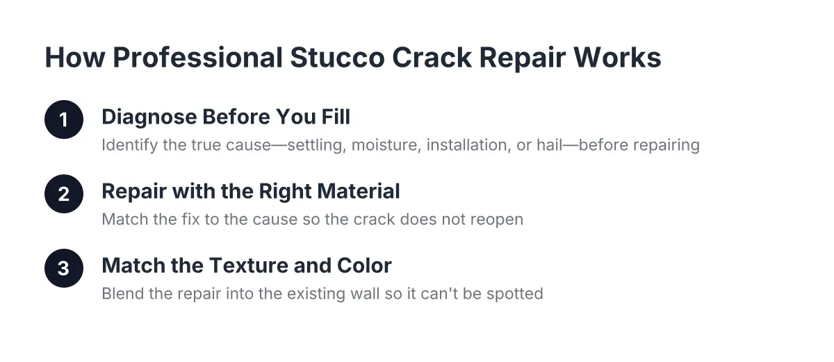 Three-step diagram of professional stucco cracks repair process