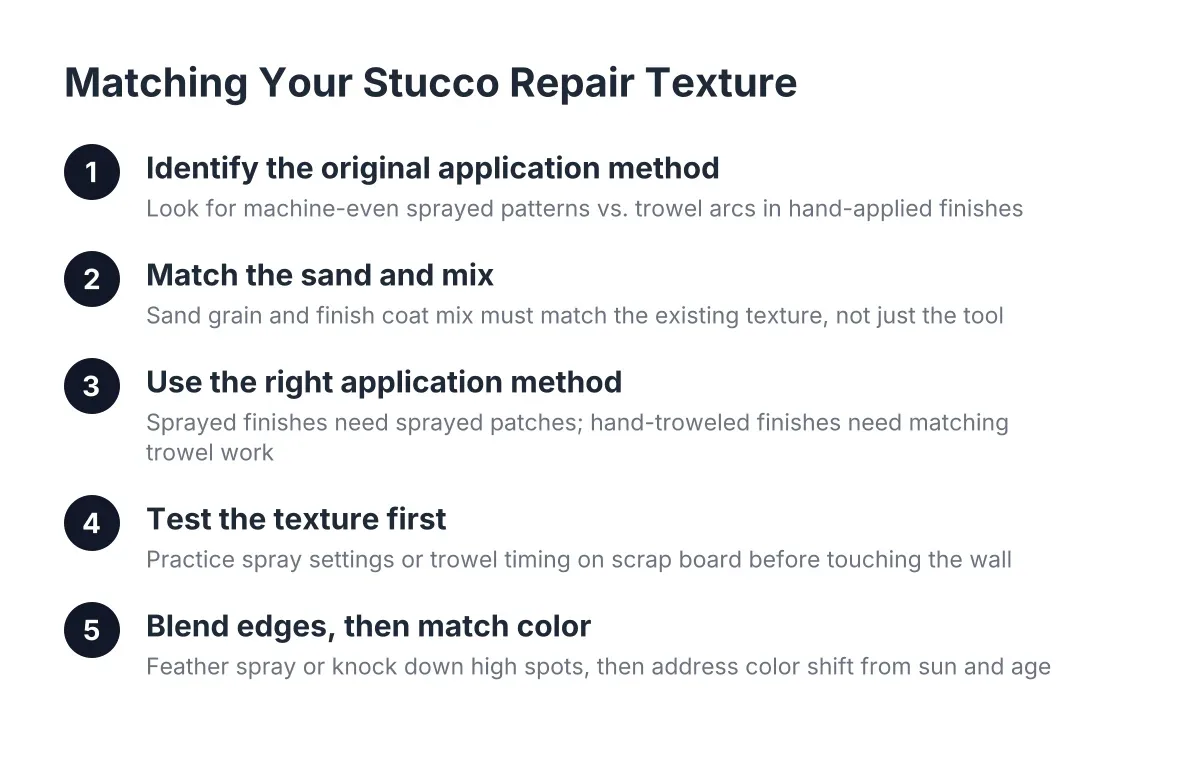 Five steps for matching stucco repair texture to an original stucco finish