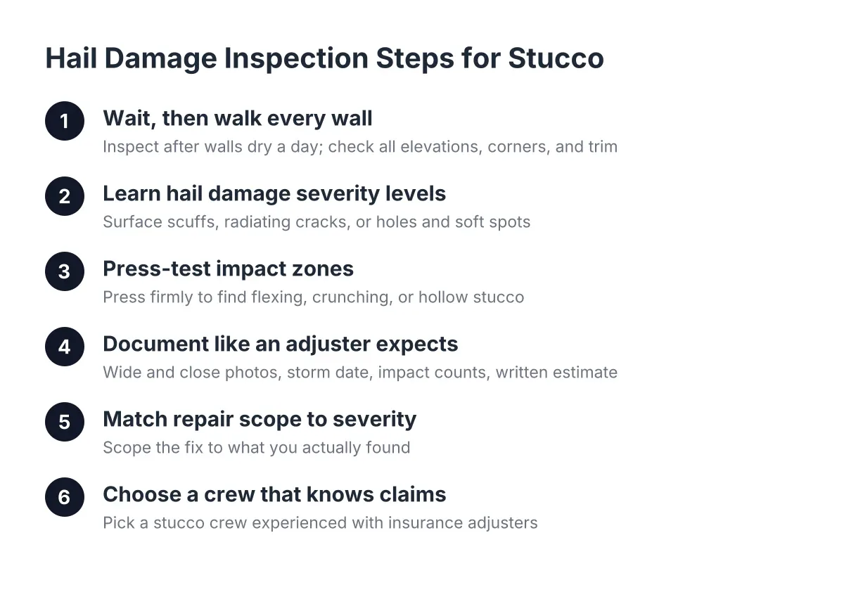 Six-step process for hail damage inspection of stucco walls after a storm