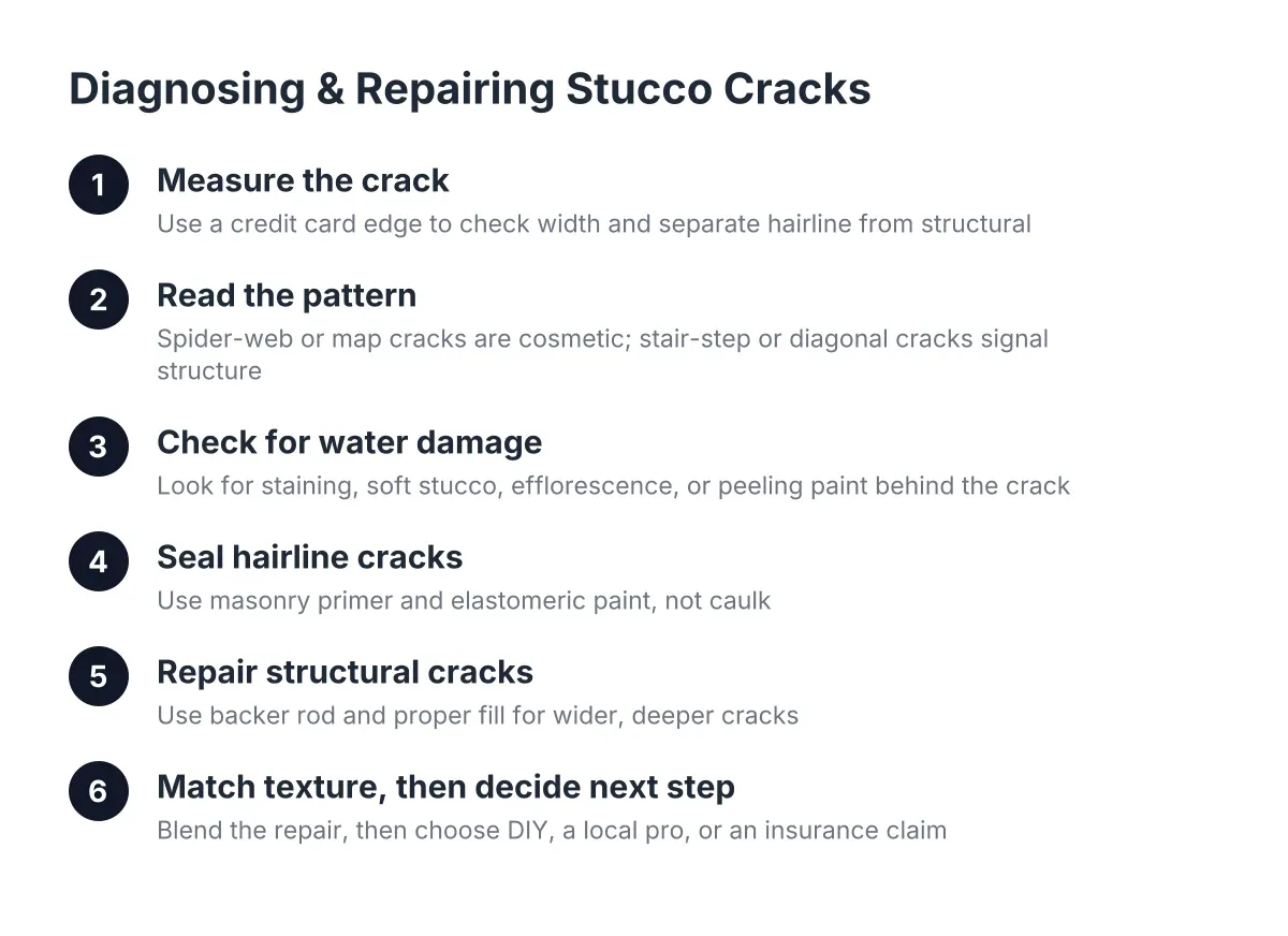 Process steps for diagnosing hairline vs structural stucco cracks and repair methods