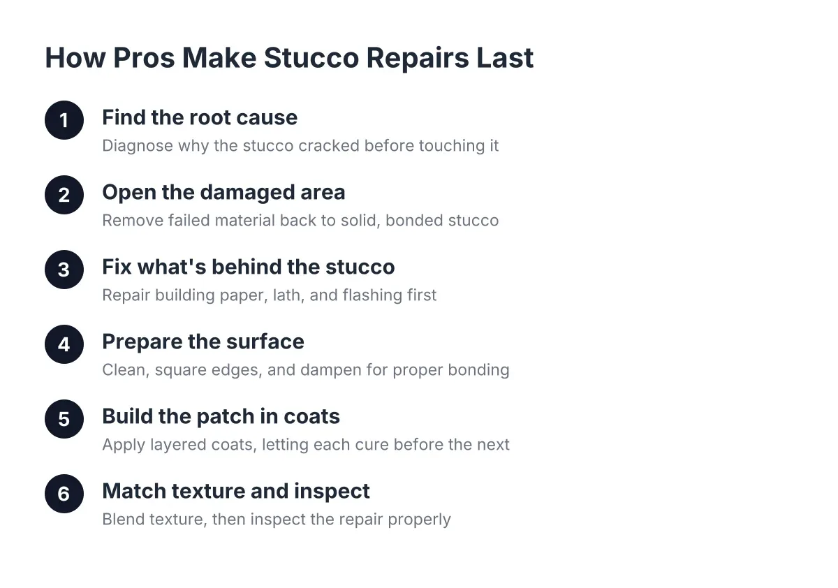 Diagram of steps professionals use for lasting stucco patch repairs