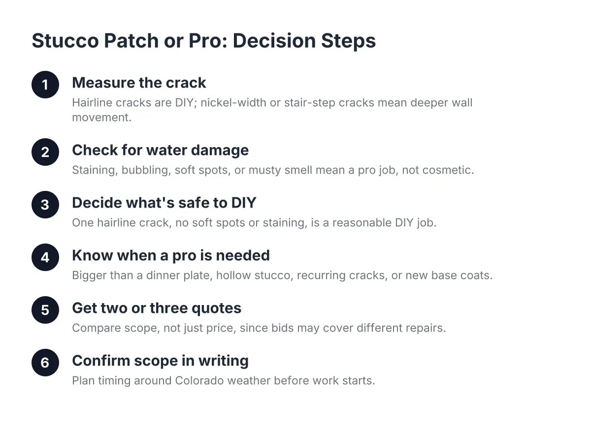 Diagram of steps to decide stucco patch or pro repair in Castle Rock homes