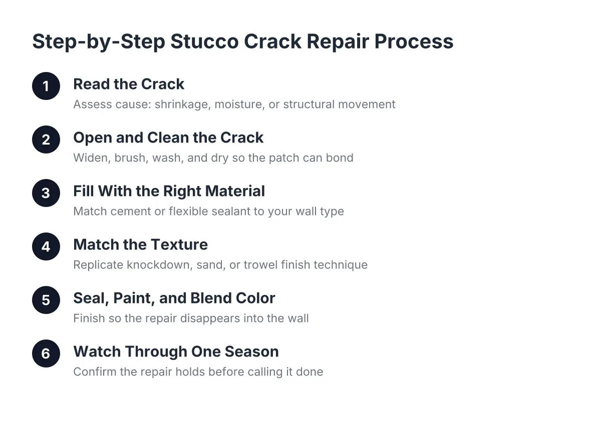 Diagram of steps for stucco crack repair and stucco crack texture matching