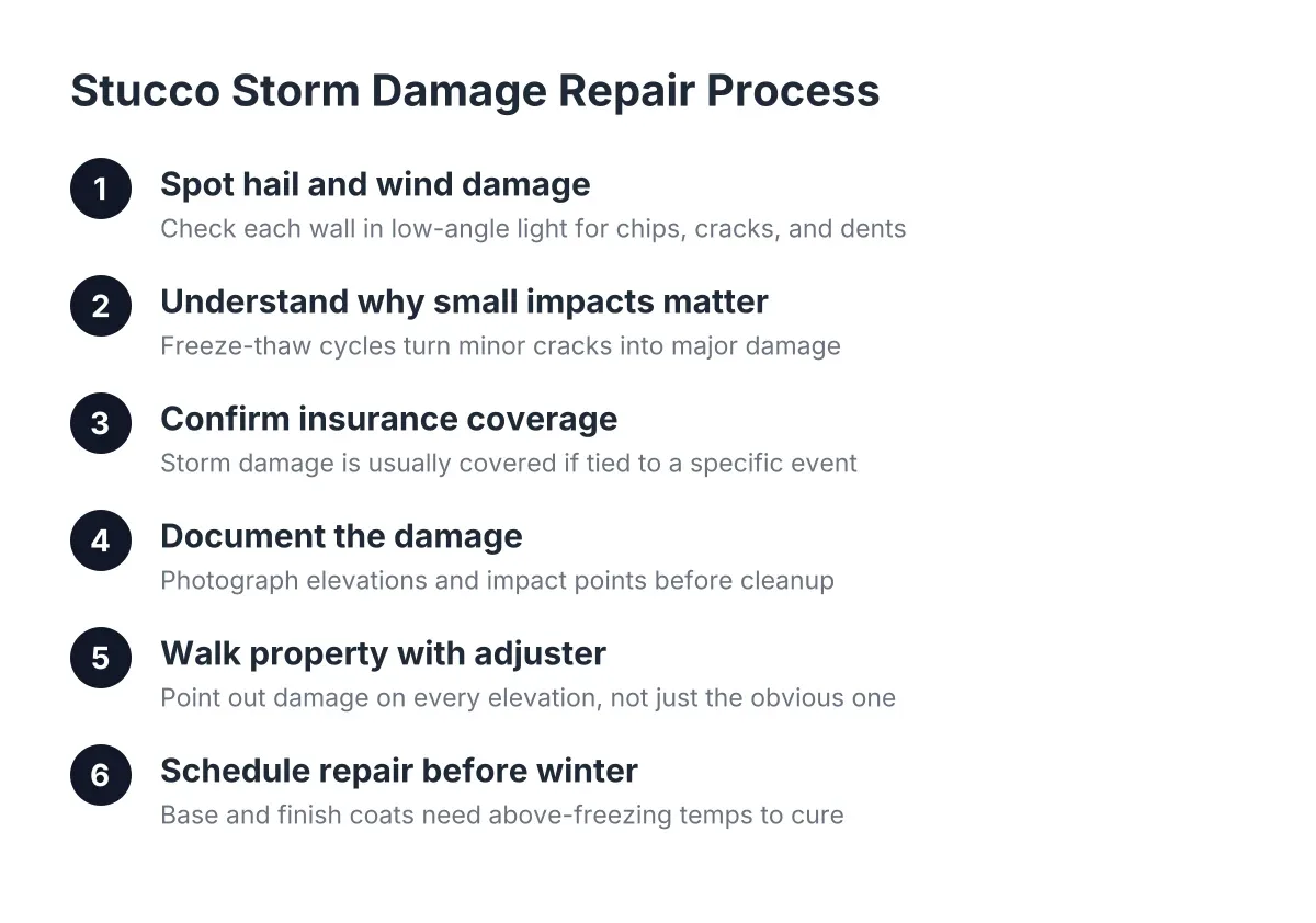 Steps for storm damage stucco repair from inspection to scheduling before winter