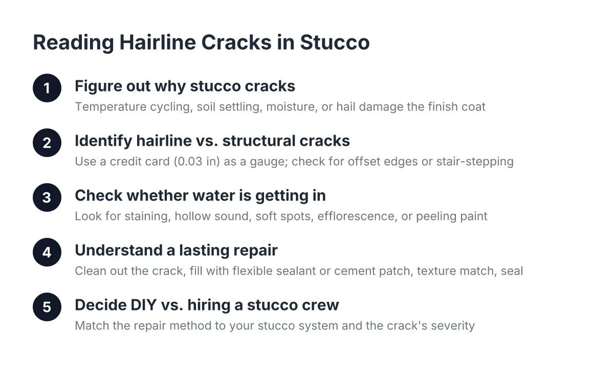 Five-step process for diagnosing hairline cracks in stucco and repairing them correctly