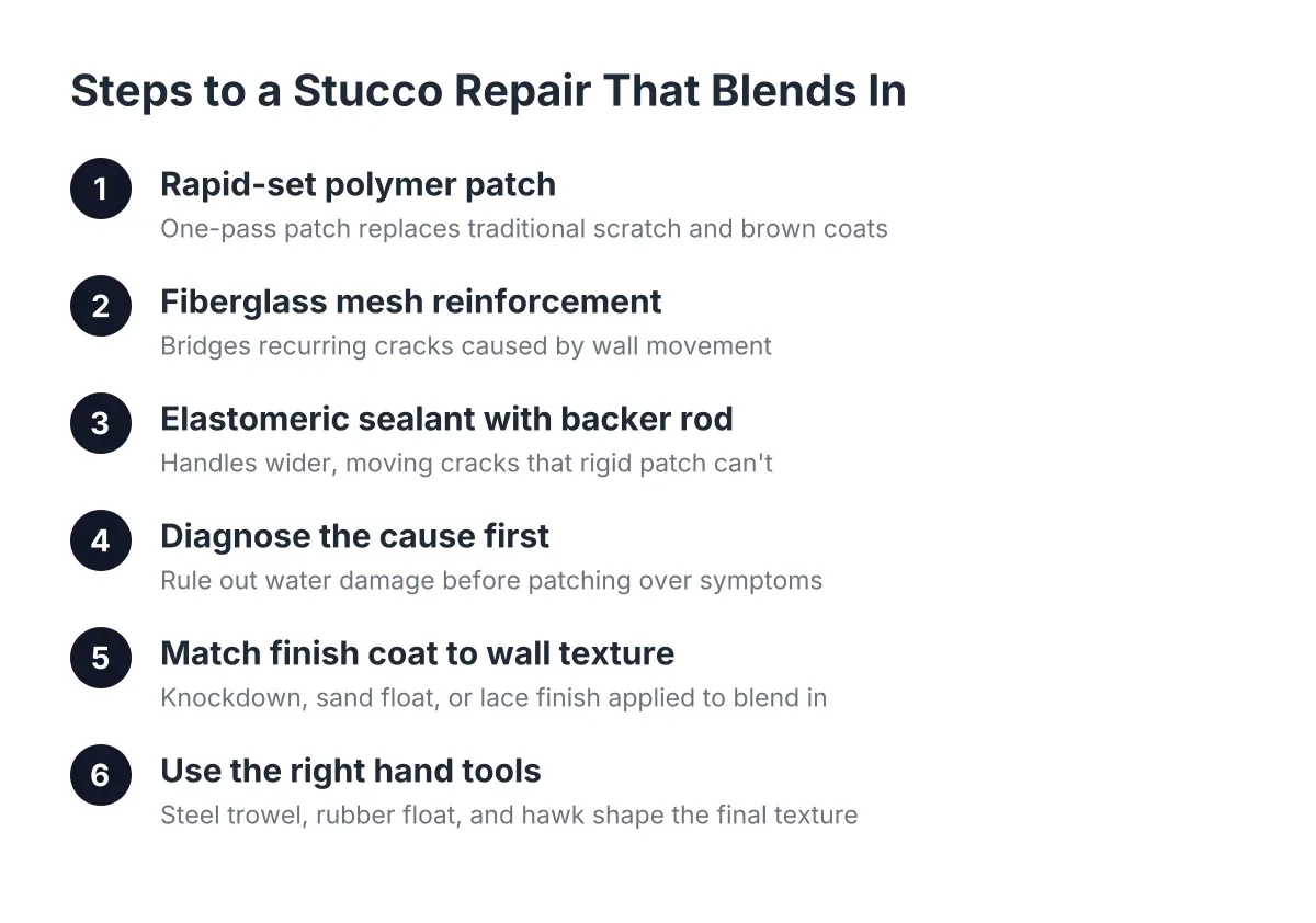 Process diagram showing steps for using the best stucco repair products on a wall