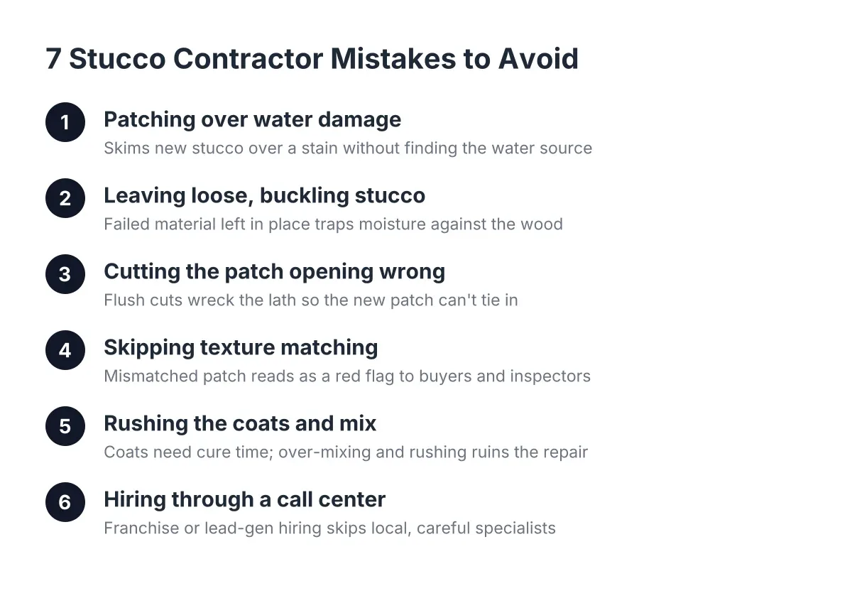 Diagram listing seven common stucco contractor mistakes that damage Castle Rock homes
