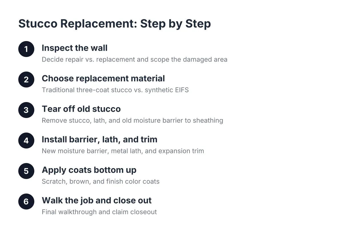 Diagram of stucco replacement process steps from inspection to final coat
