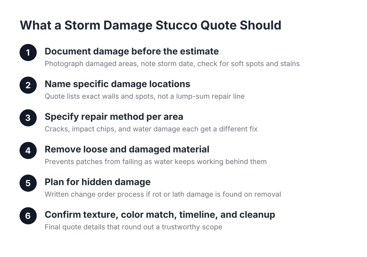 Steps showing what belongs in a storm damage stucco quote for repair estimates